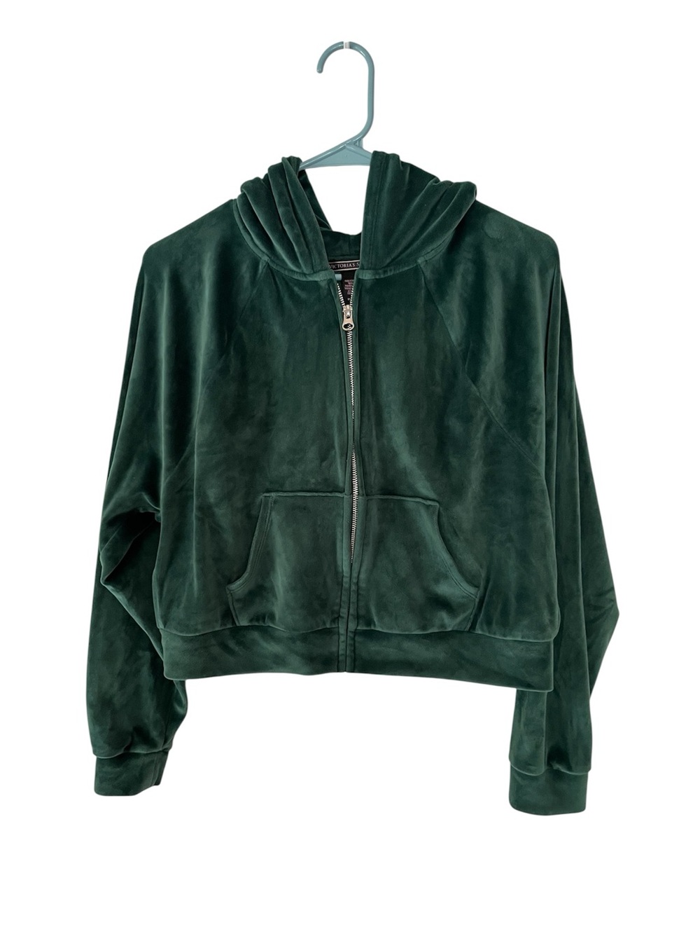 Victoria's Secret SzXS Dark Green Crop Velour Zip Hoodie, Kangaroo Pocket